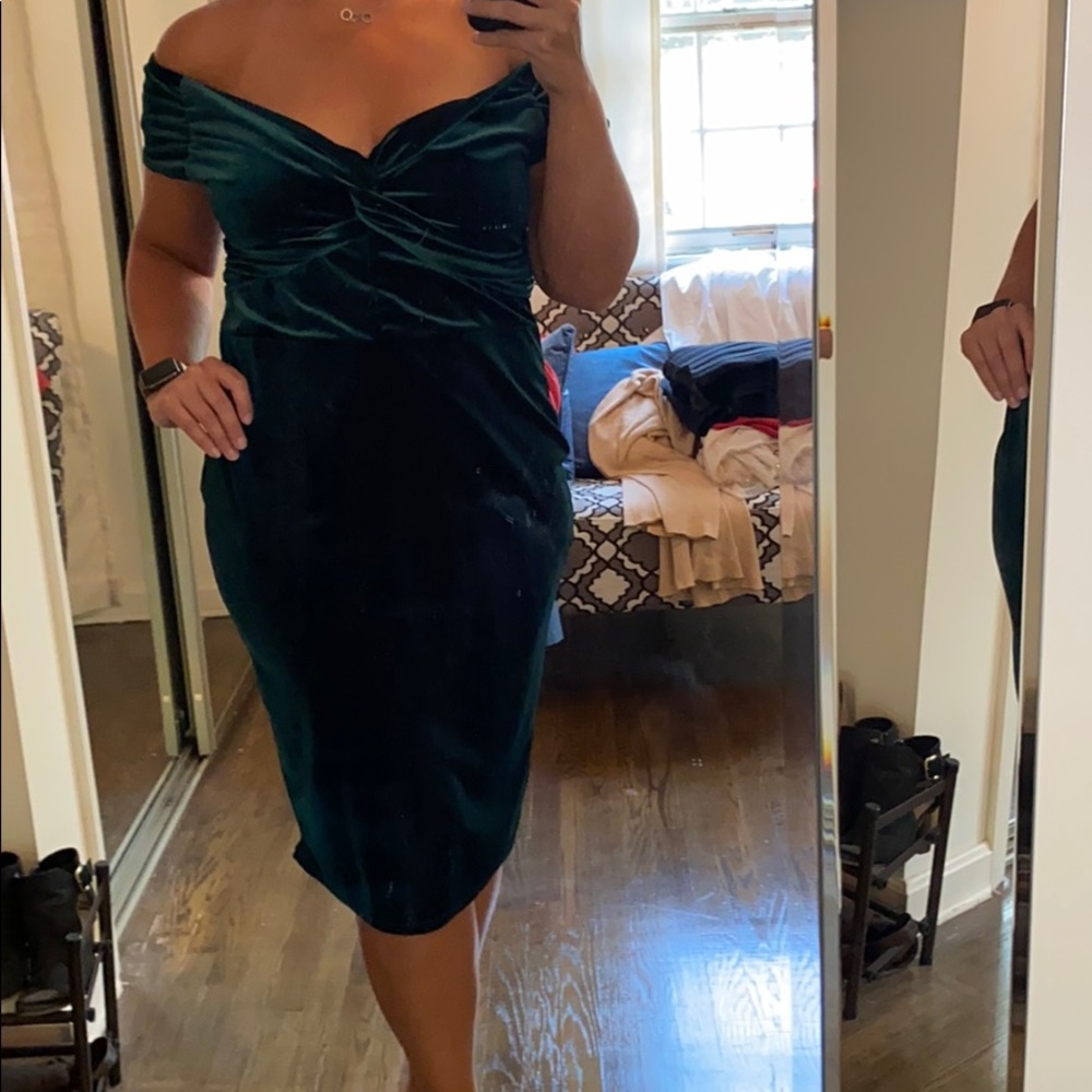 Gorgeous green velvet off the shoulder dress